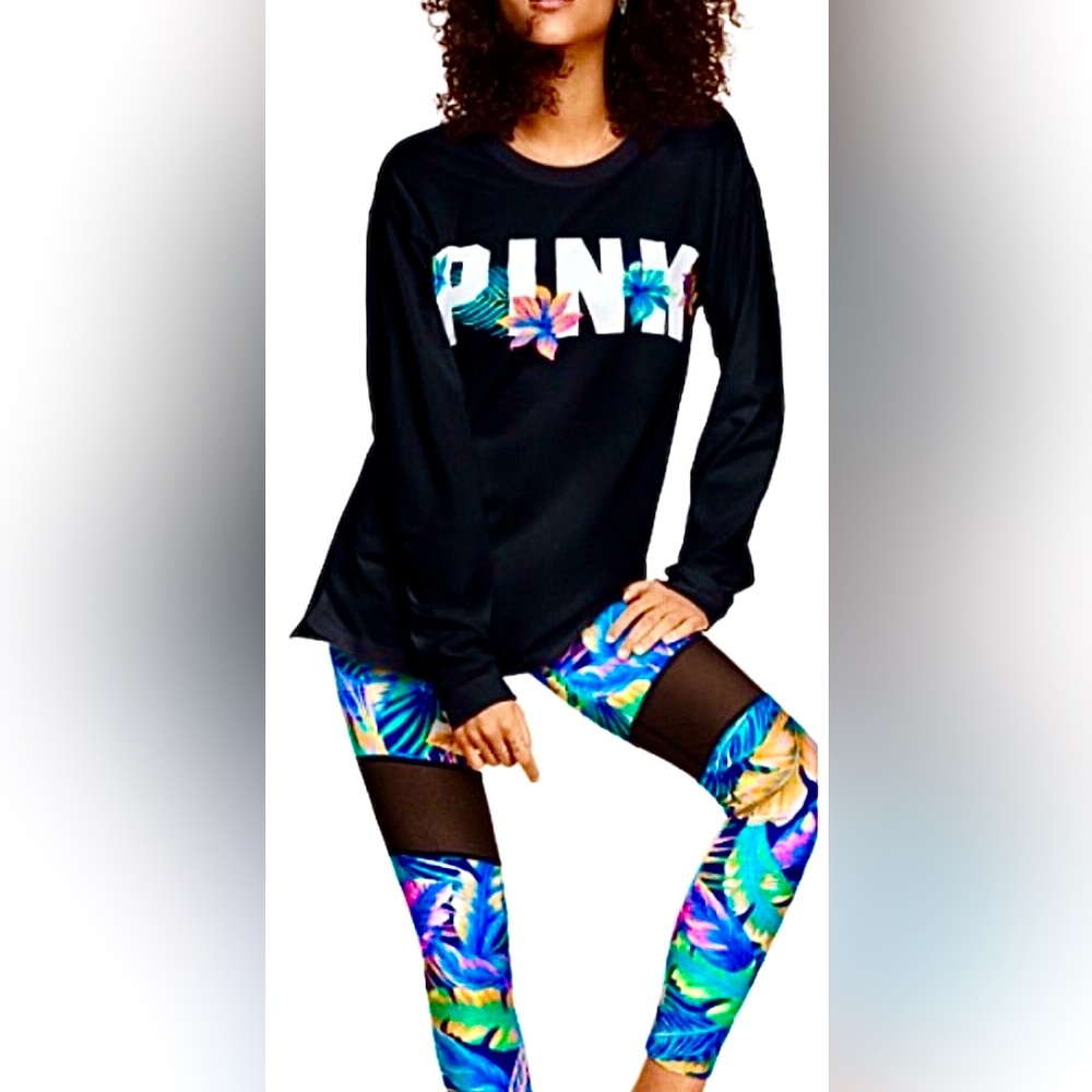 Victoria’s Secret Pink campus tee cotton long sleeve tropical embroidered tee